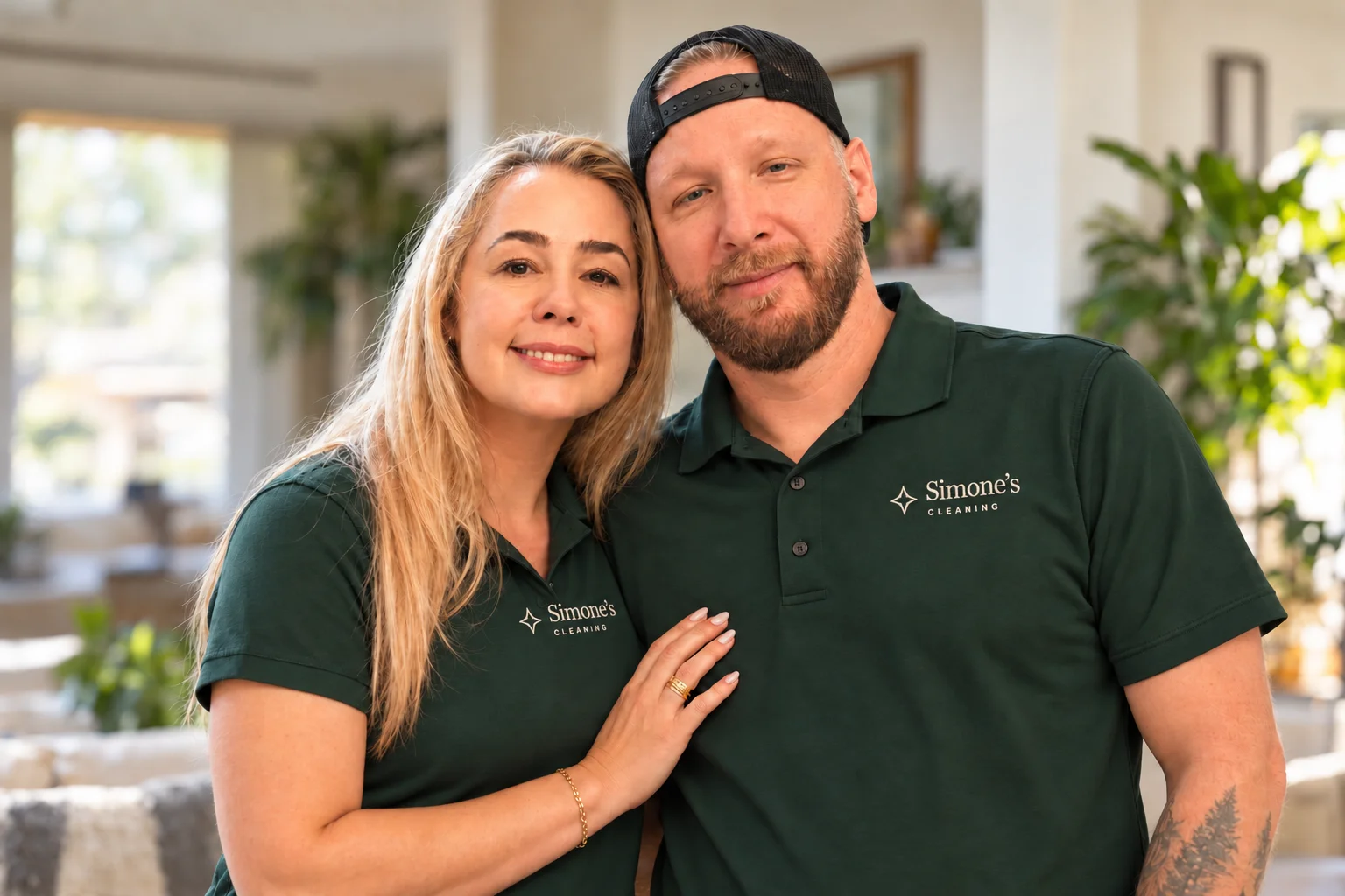 Simone and Alex together in their dark green Simone’s Cleaning shirts