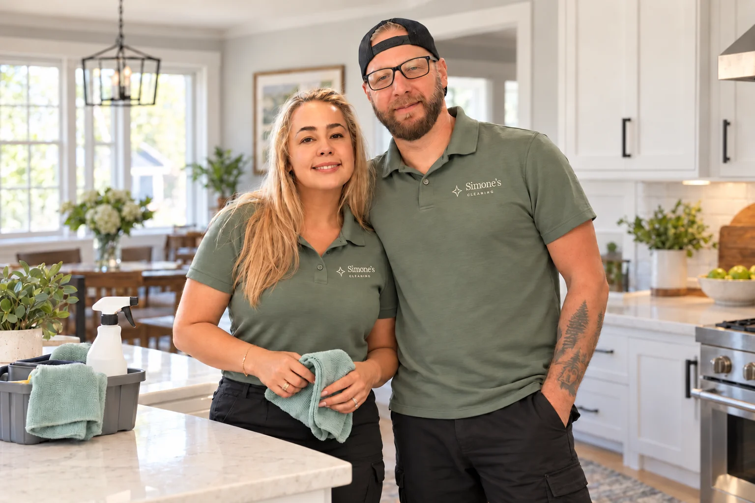 Simone and Alex in a bright kitchen with their cleaning supplies